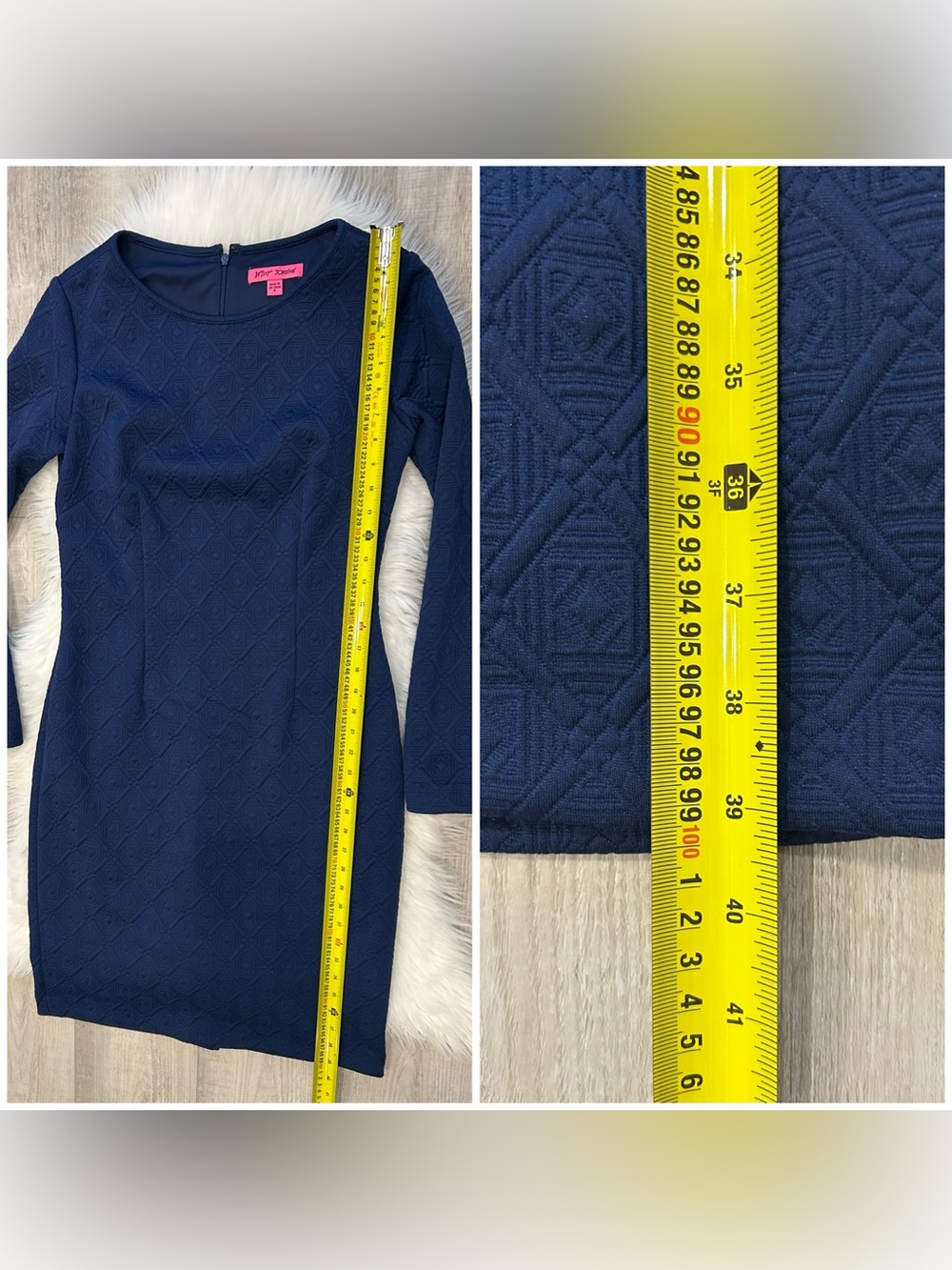 Betsey Johnson Size 8 Textured Geometric Diamond Dress Long Sleeve Navy Blue - Picture 14 of 16